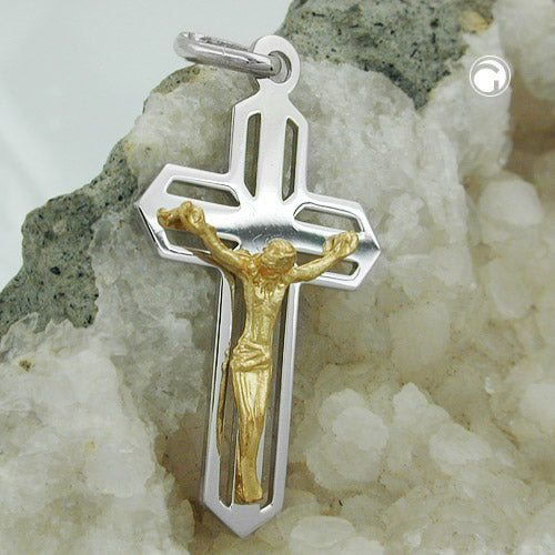 Anhänger 38x23mm Kreuz Jesus bicolor glänzend Silber 925 -   93415