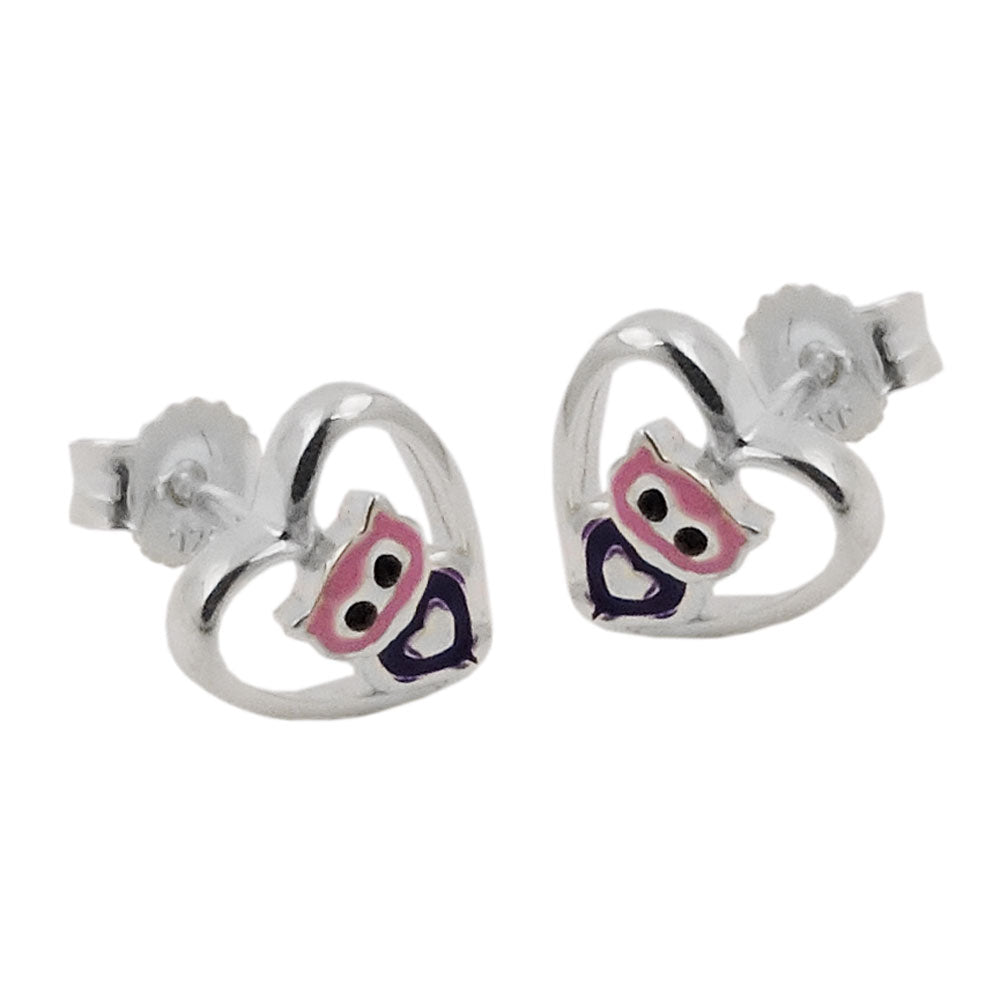 Ohrstecker Ohrring 8mm kleine Eule im Herz lila-pink glänzend Silber 925 -   93469